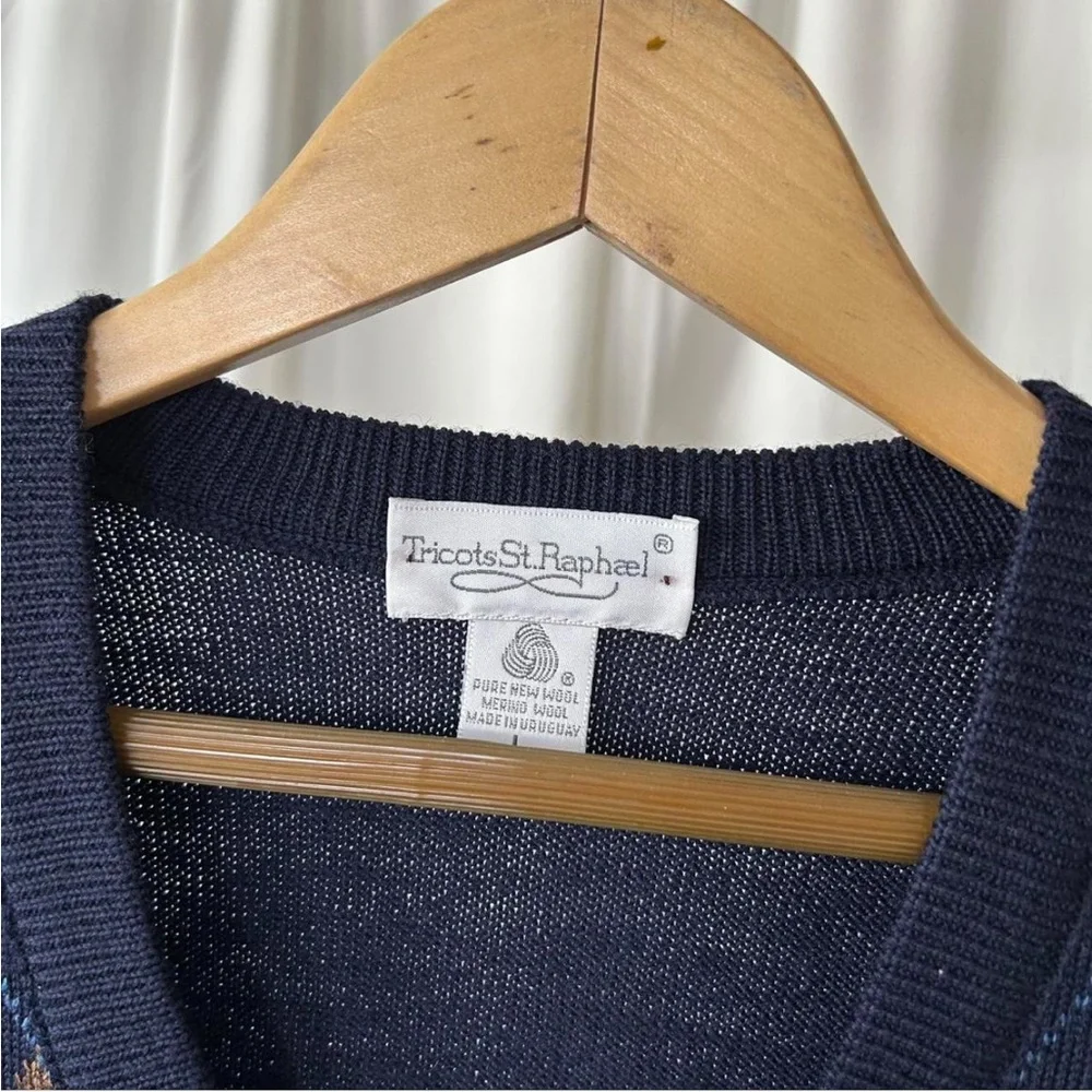 Vintage Navy blue Tricot St. Raphael argyle sweater vest Pure New Wool large. - Picture 5 of 7